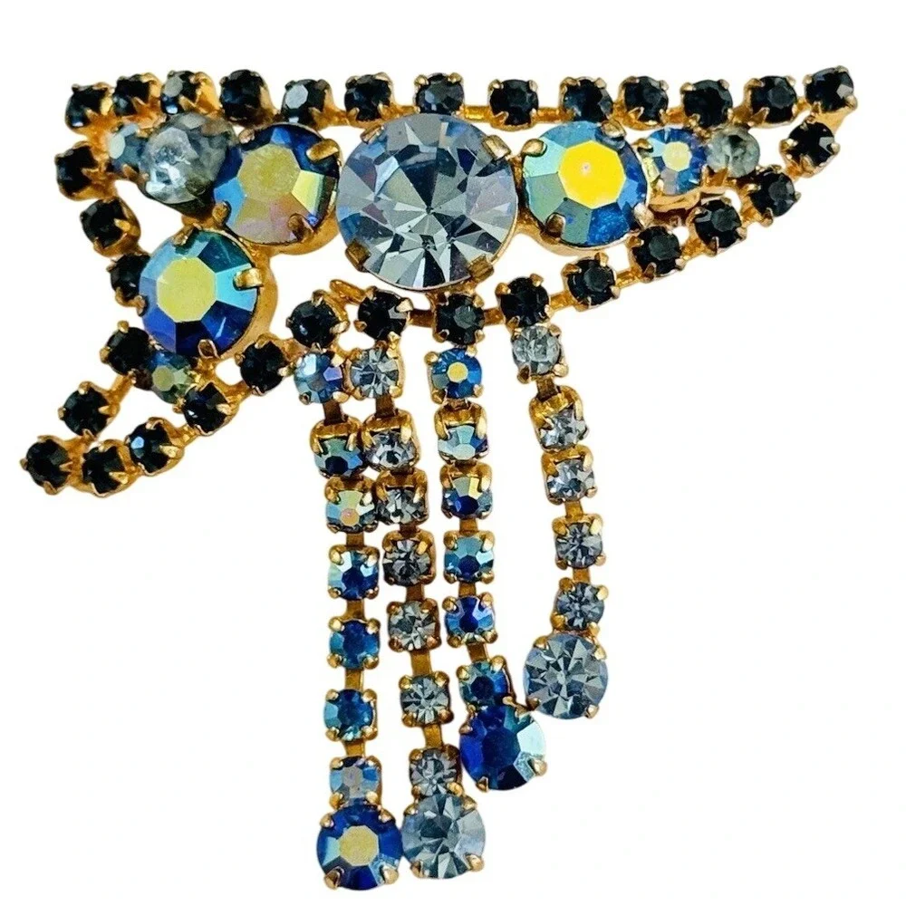 Blue pin Brooch VTG Sparkly Austrian Crystal rhinestone‎ Aurora Borealis Jeweled